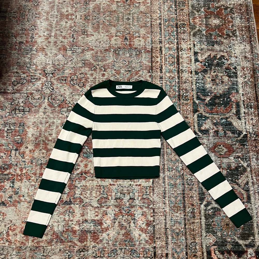 Zara Green and Cream Striped Top